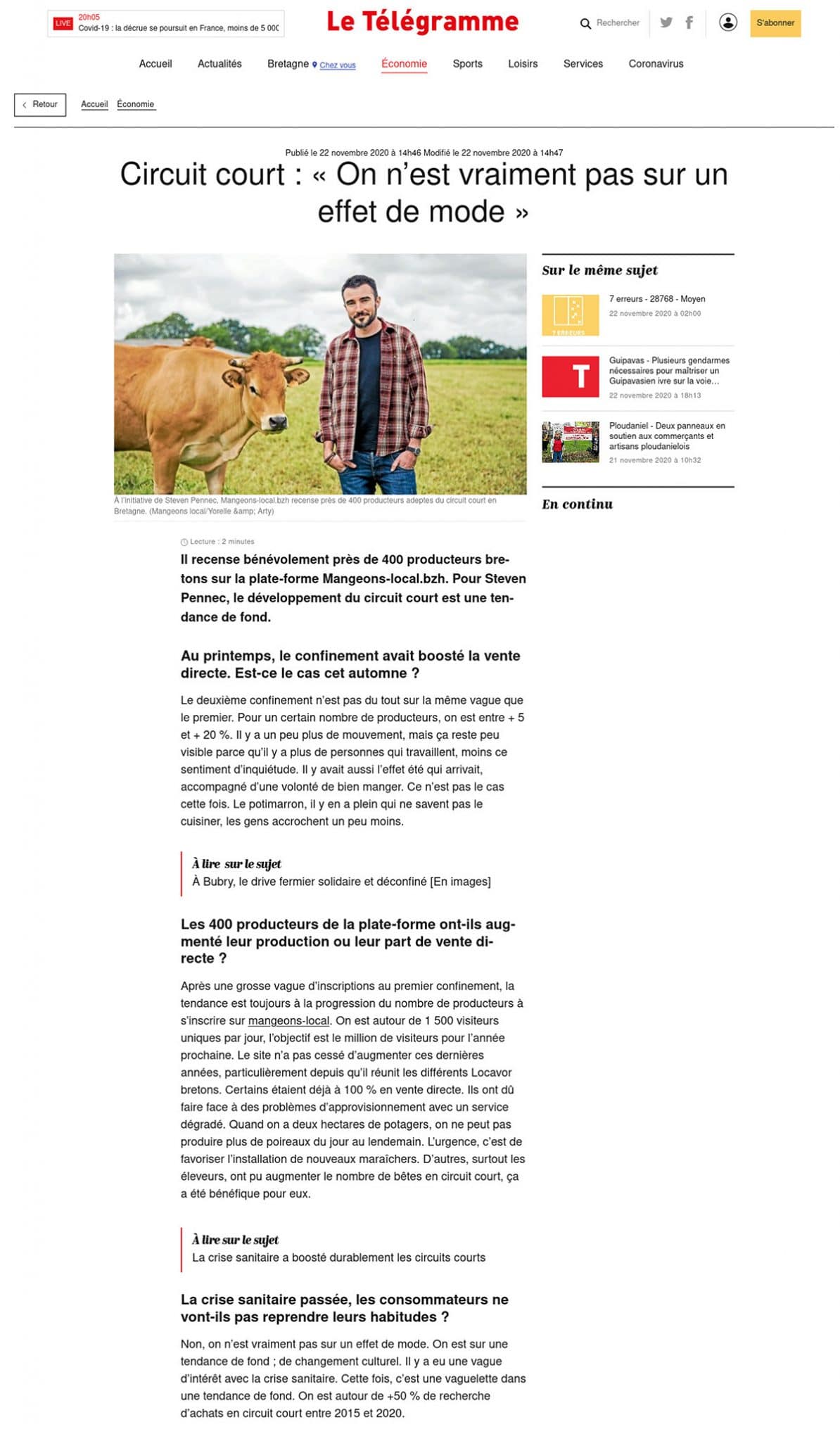 On parle de Mangeons-Local dans le Télégramme !